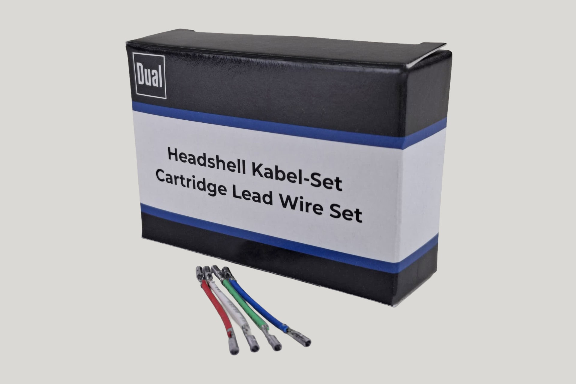 Dual Headshell-Kabel-Set in schwarzer Verpackung mit vier farbcodierten Anschlusskabeln
