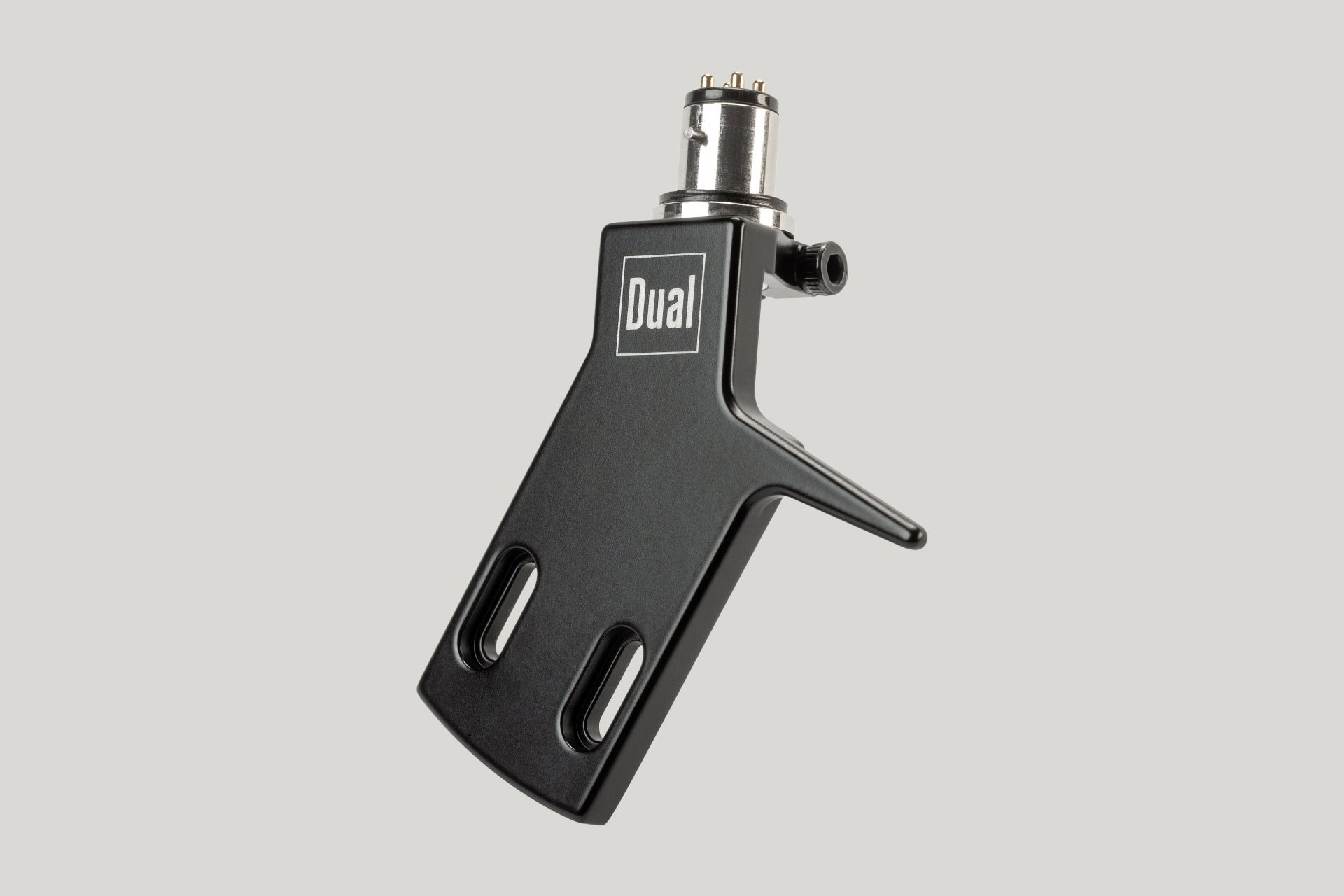 Schwarzes, gekröpftes Dual Headshell S aus gefrästem Aluminium mit seitlicher Azimut-Klemme und Dual Logo